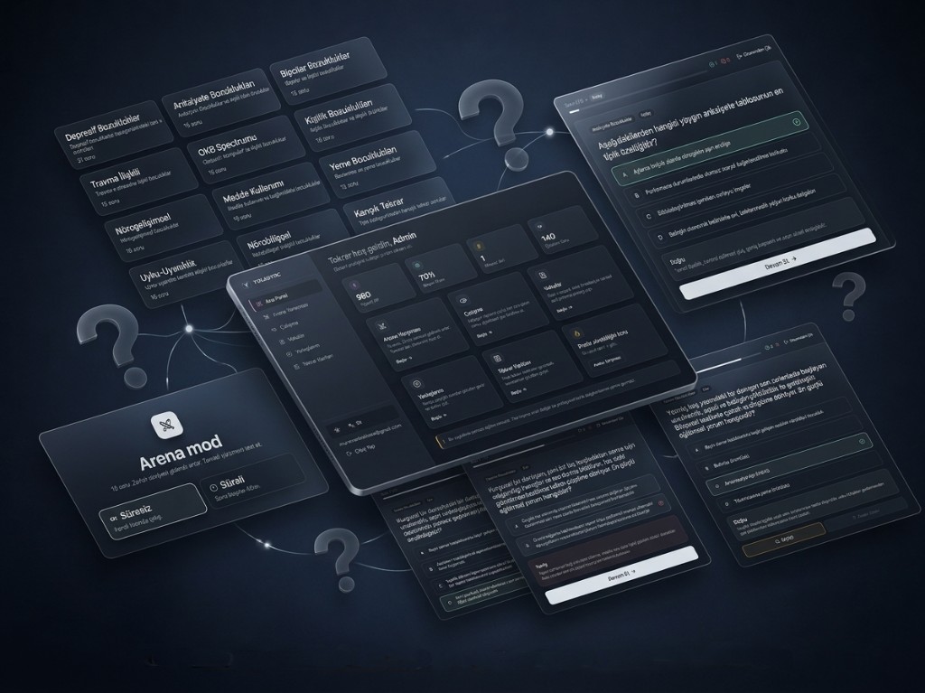 YulaSync product overview — dashboard, Arena, Study, quiz and case screens