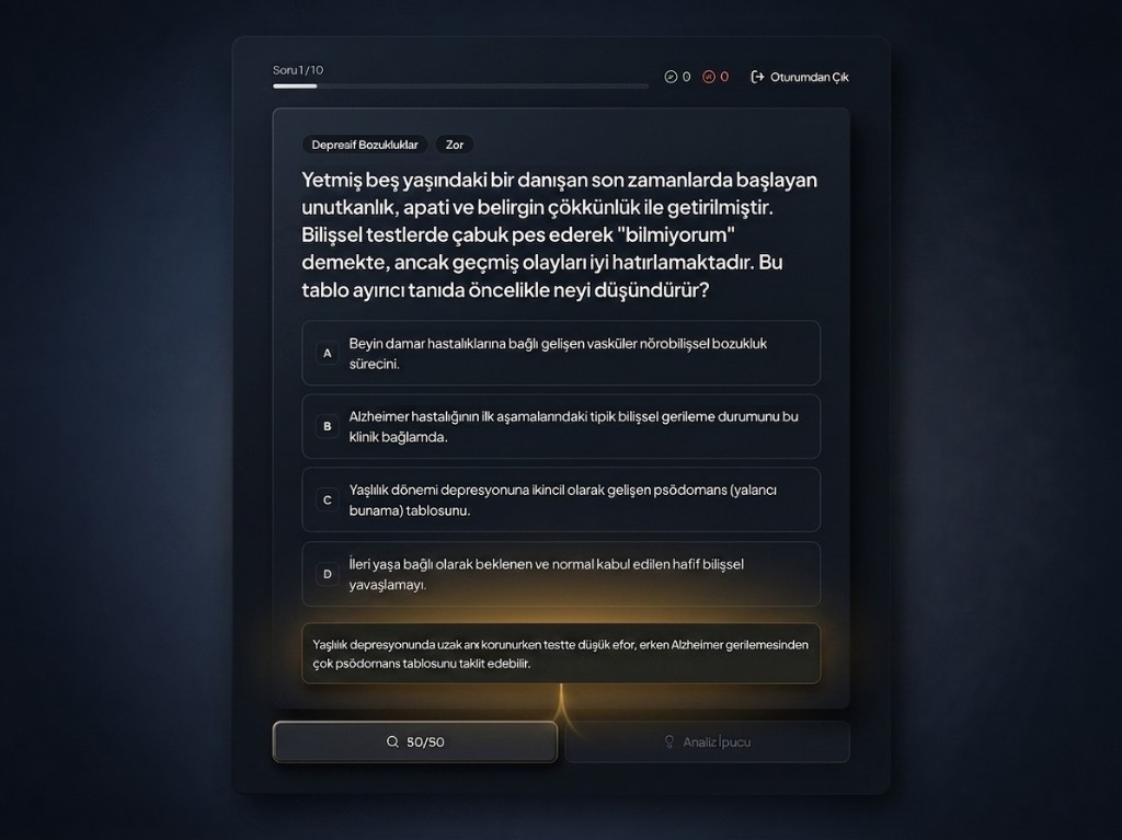 Case screen — fictional vignette, choices, 50/50 and Analysis Hint