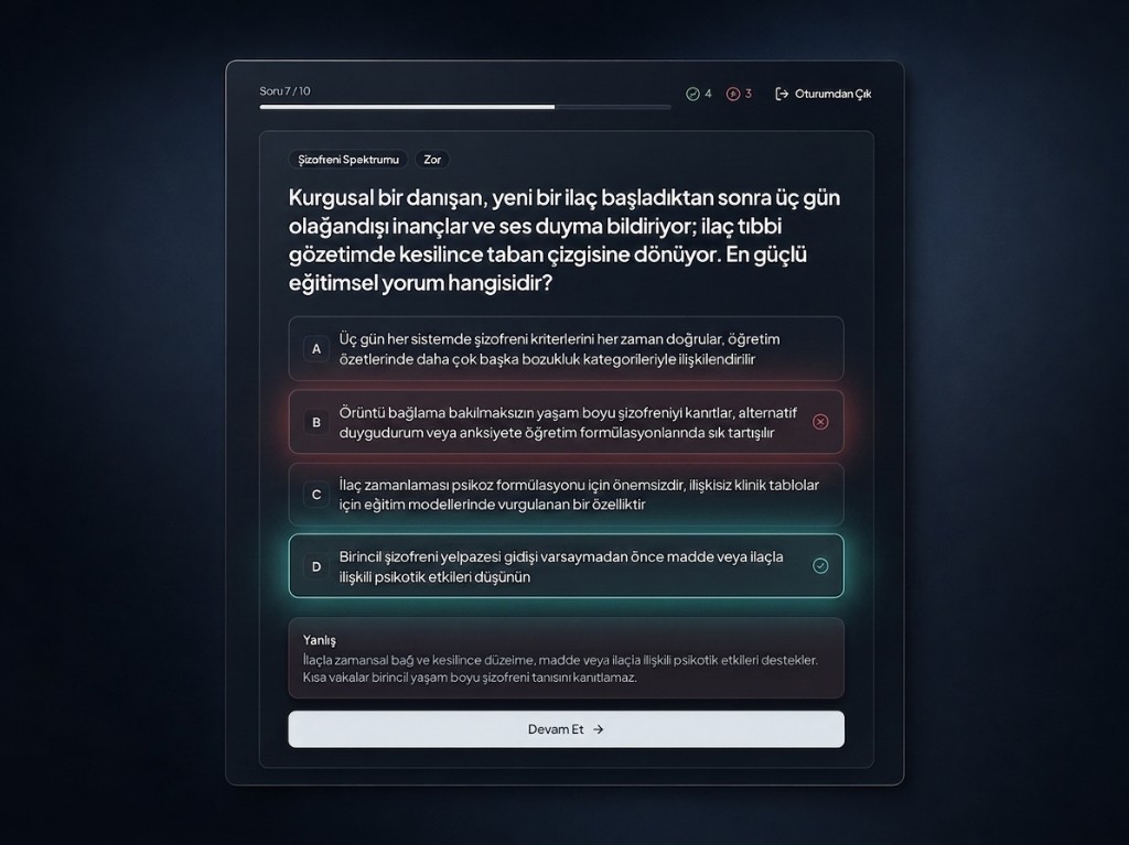 Wrong-answer screen — incorrect selection, correct answer, and explanation